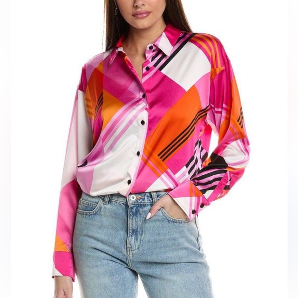 NWT Karl Lagerfeld Pink and Orange Geometric Button Down Shirt Sz M